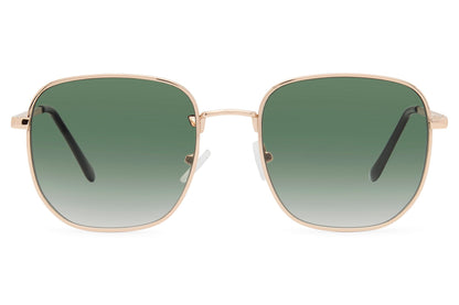 Bold square sunglasses with green lenses and slim metal frame for modern women’s street style fashion