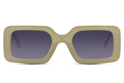 Oversized rectangle sunglasses with beige frame and purple lenses by Sunglass Station, unisex eyewear with a bold fashion-forward appearance