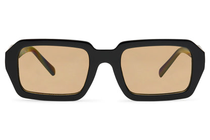 Bold rectangle sunglasses with black frame and amber tinted lenses by Sunglass Station, unisex statement eyewear inspired by modern Parisian style, available online with free shipping across the UK and Europe