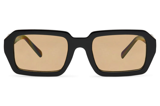 Bold rectangle sunglasses with black frame and amber tinted lenses by Sunglass Station, unisex statement eyewear inspired by modern Parisian style, available online with free shipping across the UK and Europe