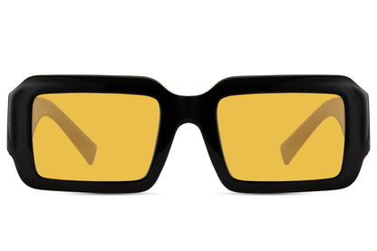Women’s rectangle sunglasses with black frame and amber lenses by Sunglass Station, bold everyday eyewear with a sleek and contemporary design