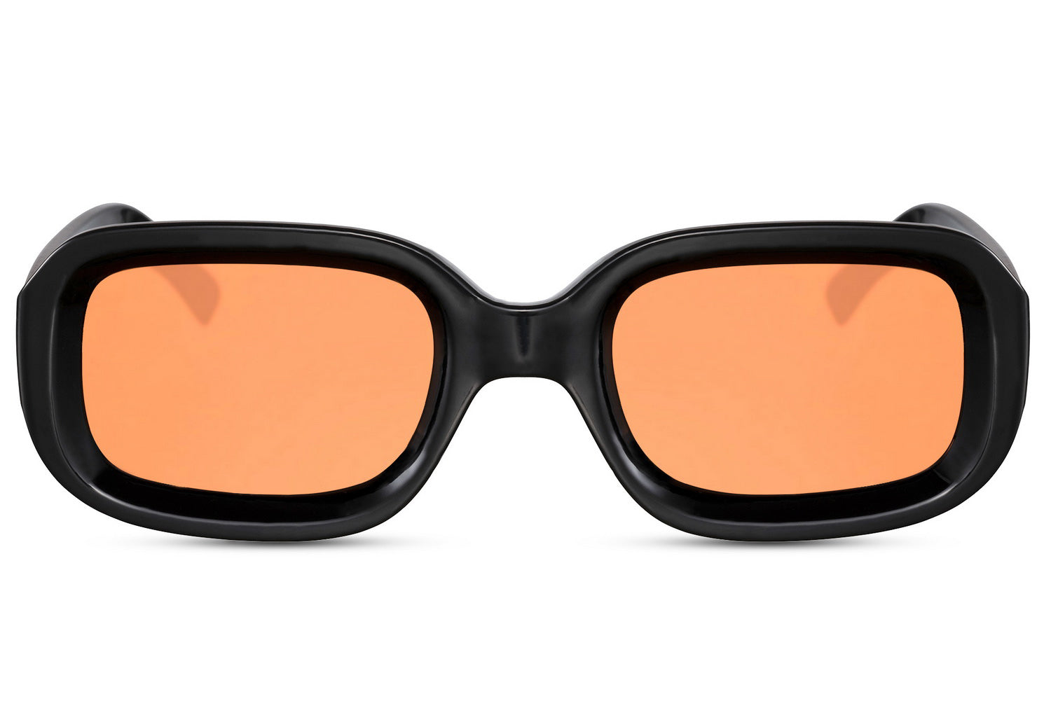 Chunky rectangle sunglasses with black frame and orange lenses by Sunglass Station, bold unisex eyewear with a strong statement design
