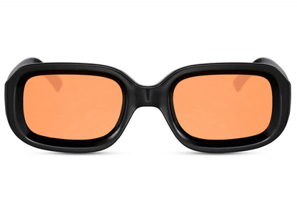 Chunky rectangle sunglasses with black frame and orange lenses by Sunglass Station, bold unisex eyewear with a strong statement design