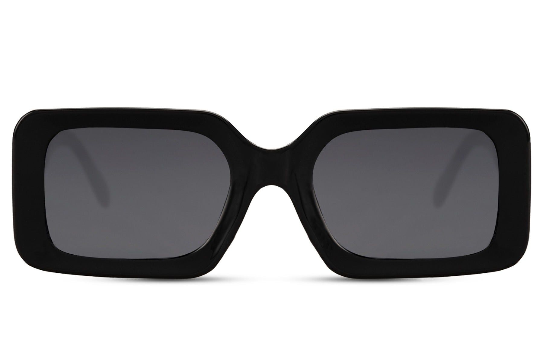 Bold rectangle sunglasses with wide black frame and dark lenses by Sunglass Station, oversized unisex eyewear with a confident everyday style