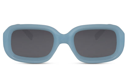 Chunky rectangle sunglasses with blue frame and dark lenses by Sunglass Station, unisex eyewear designed for comfort and bold styling