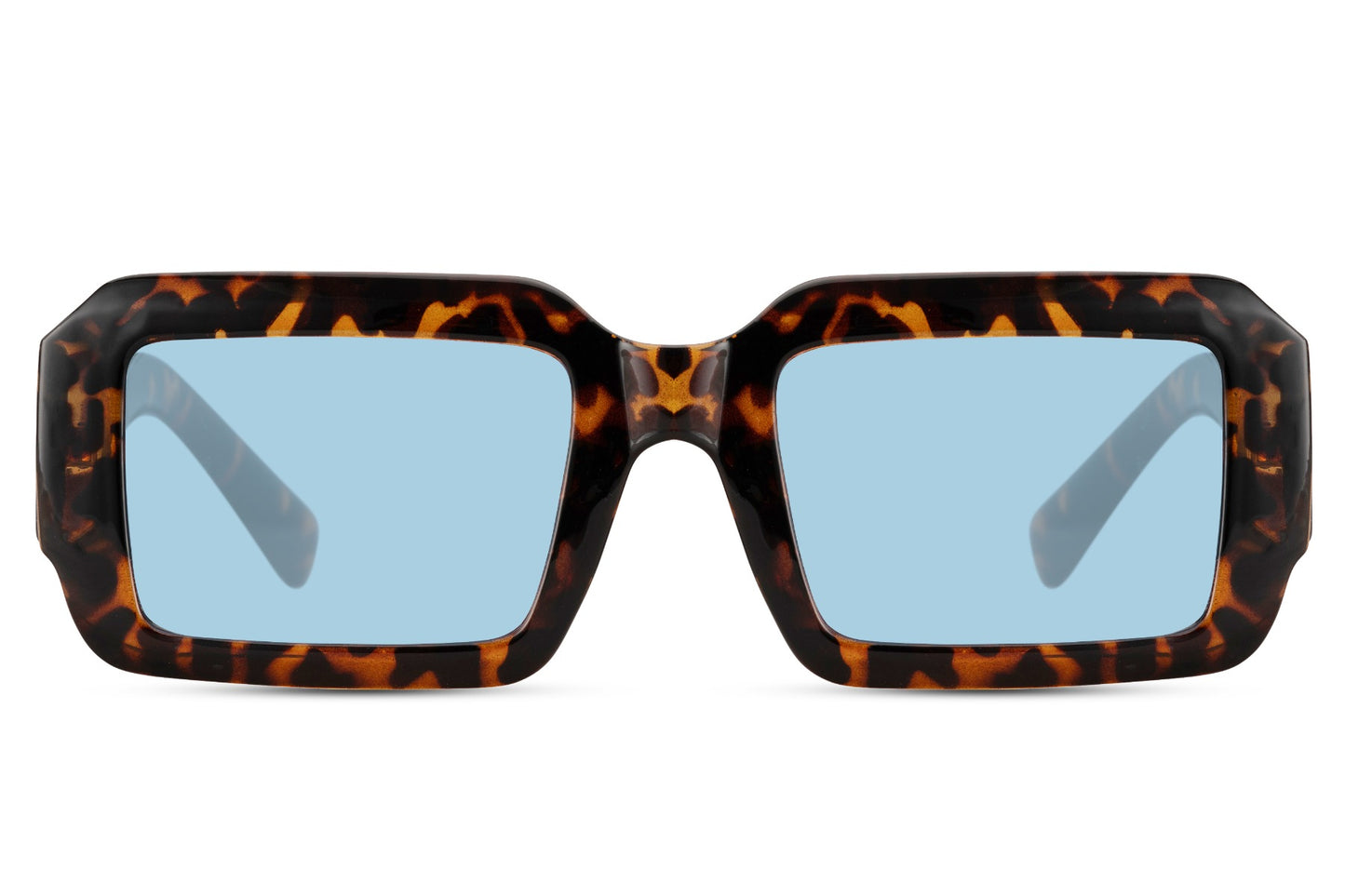 Women’s bold rectangle sunglasses with tortoiseshell frame and blue lenses by Sunglass Station, classic design with a modern fashion-forward appeal