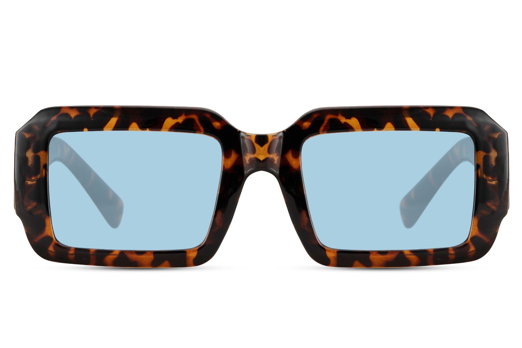 Women’s bold rectangle sunglasses with tortoiseshell frame and blue lenses by Sunglass Station, classic design with a modern fashion-forward appeal