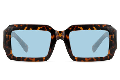 Women’s bold rectangle sunglasses with tortoiseshell frame and blue lenses by Sunglass Station, classic design with a modern fashion-forward appeal