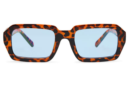 Unisex bold rectangle sunglasses with tortoiseshell frame and blue lenses by Sunglass Station, fashion-forward design with a contemporary European aesthetic