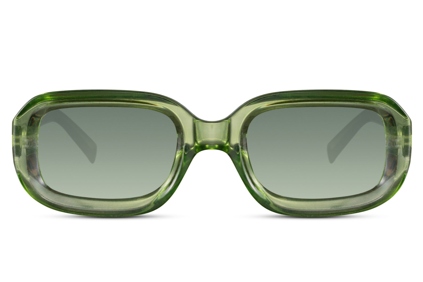 Rectangle sunglasses with green frame and lenses by Sunglass Station, bold unisex eyewear with a thick frame and modern design