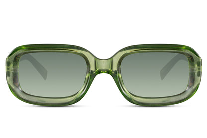 Rectangle sunglasses with green frame and lenses by Sunglass Station, bold unisex eyewear with a thick frame and modern design