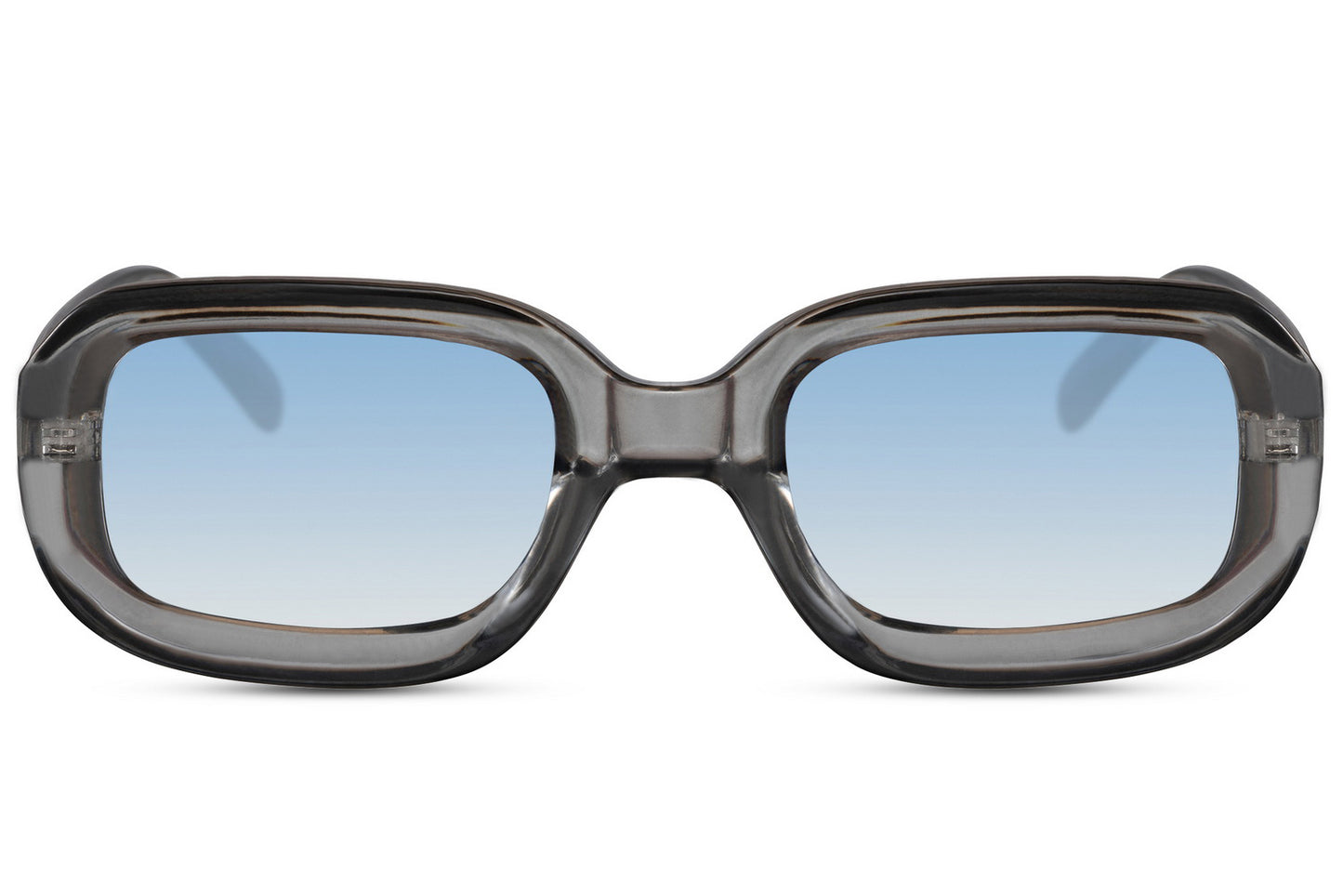 Bold rectangle sunglasses with grey frame and blue lenses by Sunglass Station, thick frame unisex eyewear with a modern rectangular shape
