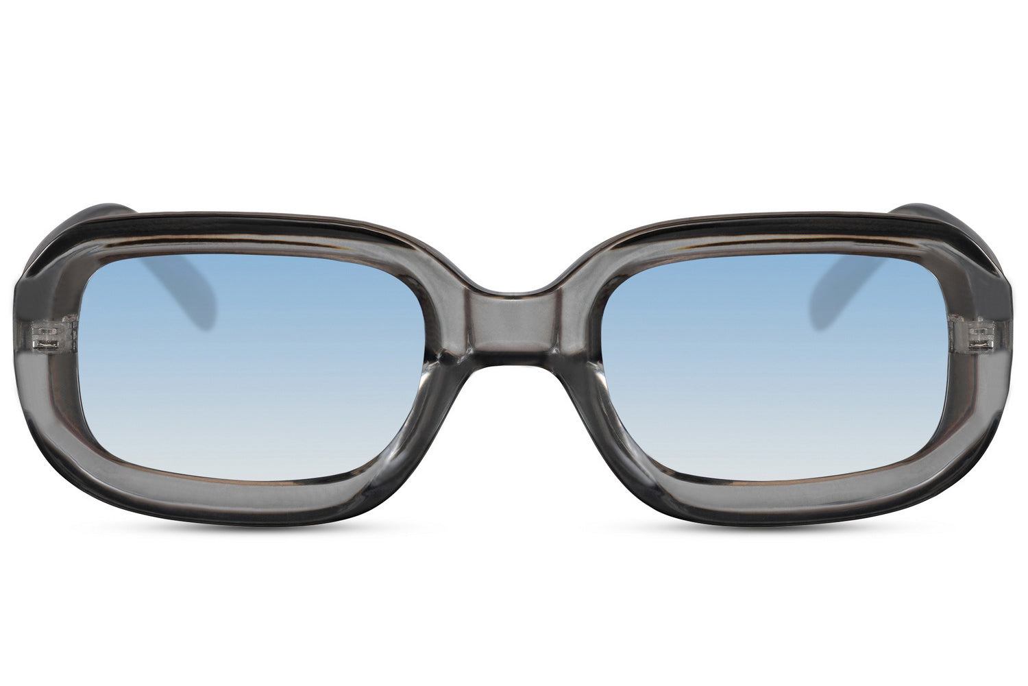 Bold rectangle sunglasses with grey frame and blue lenses by Sunglass Station, thick frame unisex eyewear with a modern rectangular shape