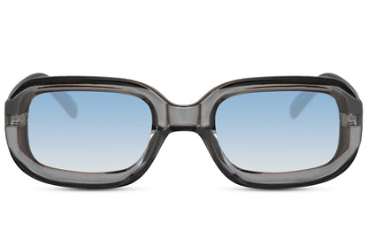 Bold rectangle sunglasses with grey frame and blue lenses by Sunglass Station, thick frame unisex eyewear with a modern rectangular shape