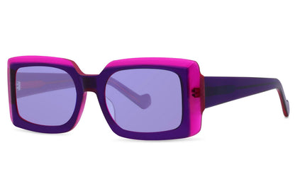 Bold rectangle sunglasses with purple lenses by Sunglass Station, stylish unisex eyewear combining vibrant color with modern design