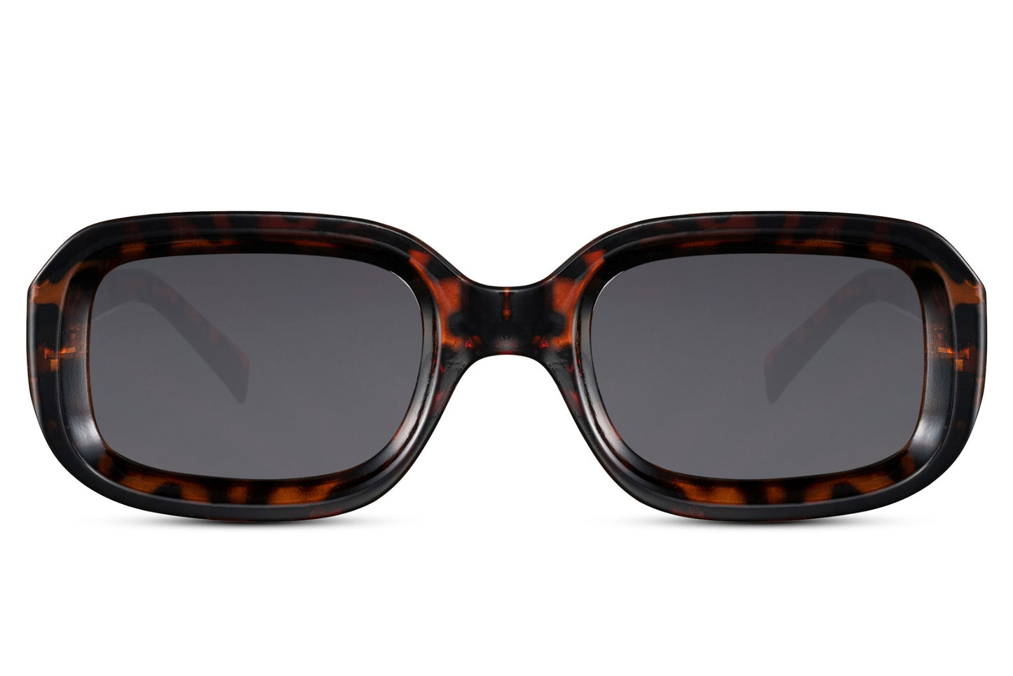 Bold rectangle sunglasses with tortoiseshell frame and dark lenses by Sunglass Station, chunky unisex eyewear with a classic pattern