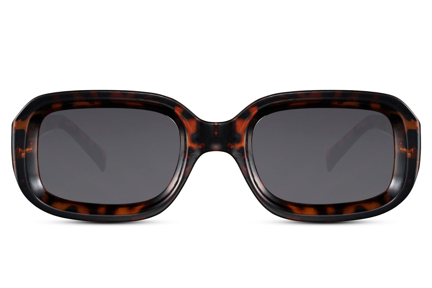 Bold rectangle sunglasses with tortoiseshell frame and dark lenses by Sunglass Station, chunky unisex eyewear with a classic pattern