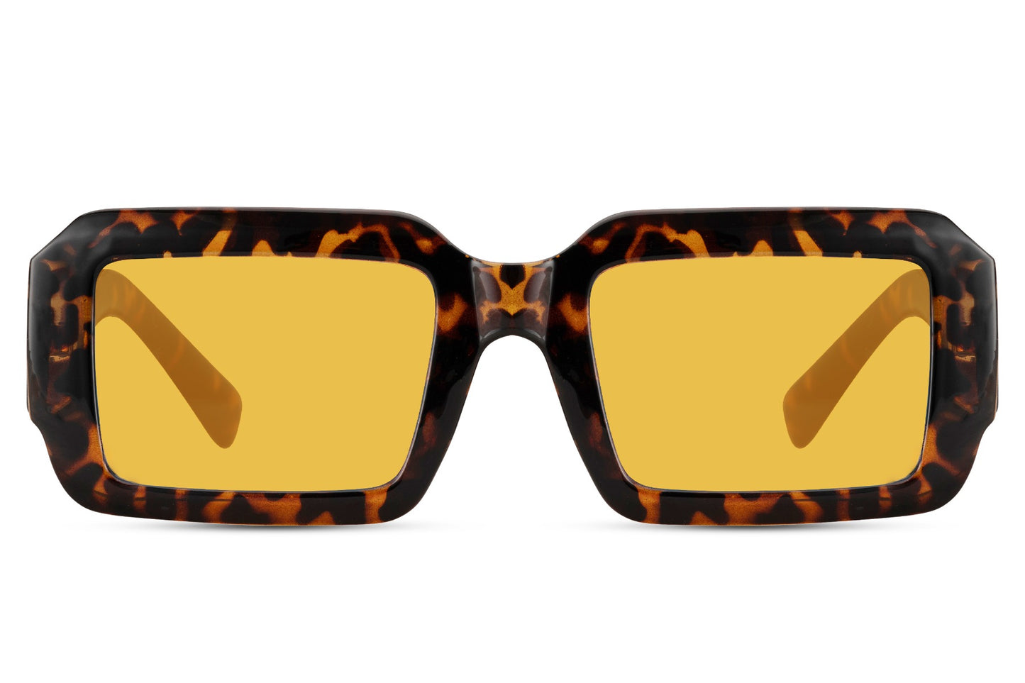 Rectangle sunglasses with tortoiseshell frame and yellow lenses by Sunglass Station, bold women’s eyewear blending classic style with contemporary trends