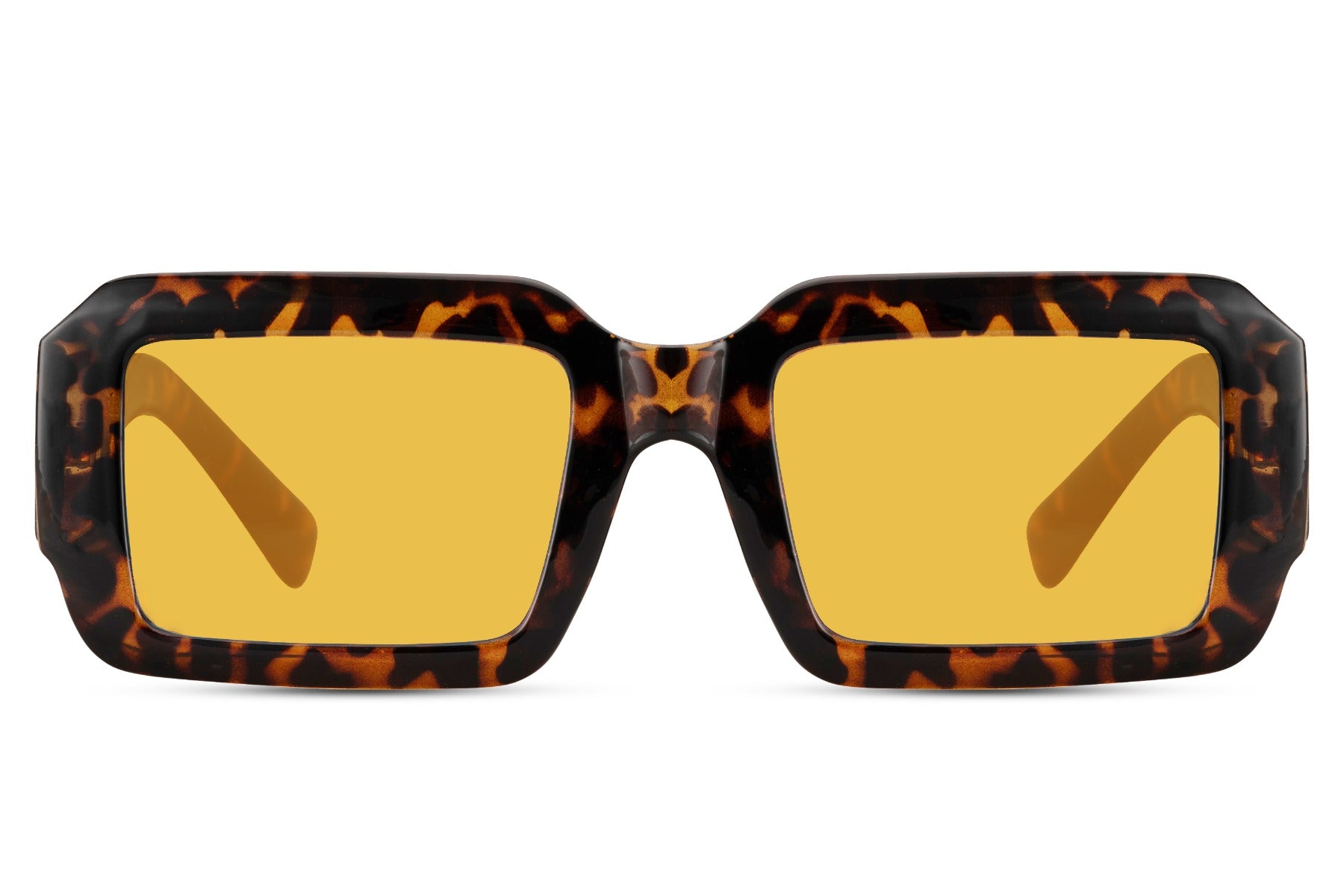 Rectangle sunglasses with tortoiseshell frame and yellow lenses by Sunglass Station, bold women’s eyewear blending classic style with contemporary trends