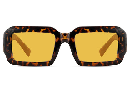 Rectangle sunglasses with tortoiseshell frame and yellow lenses by Sunglass Station, bold women’s eyewear blending classic style with contemporary trends