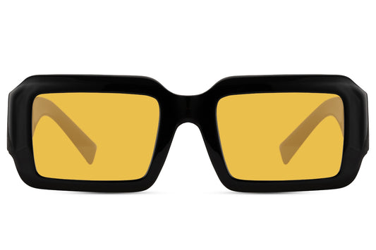 Women’s bold rectangle sunglasses with black frame and yellow tinted lenses by Sunglass Station, classic yet modern eyewear with a strong statement look, available online with free shipping across the UK and Europe