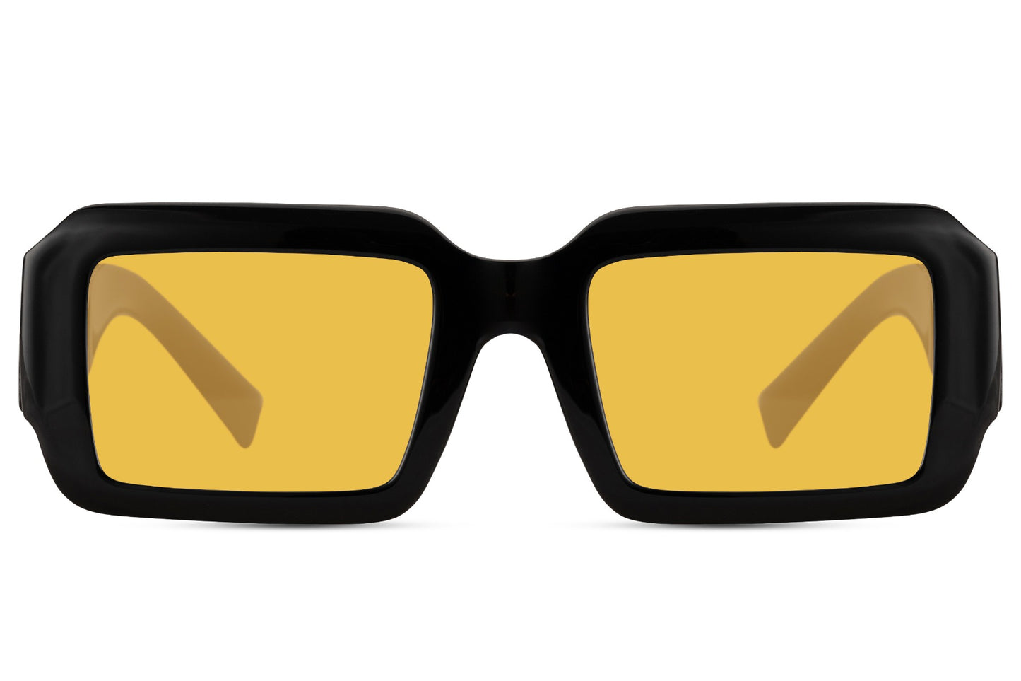 Bold rectangle sunglasses with yellow lenses by Sunglass Station, women’s stylish eyewear combining a classic frame with a modern edge