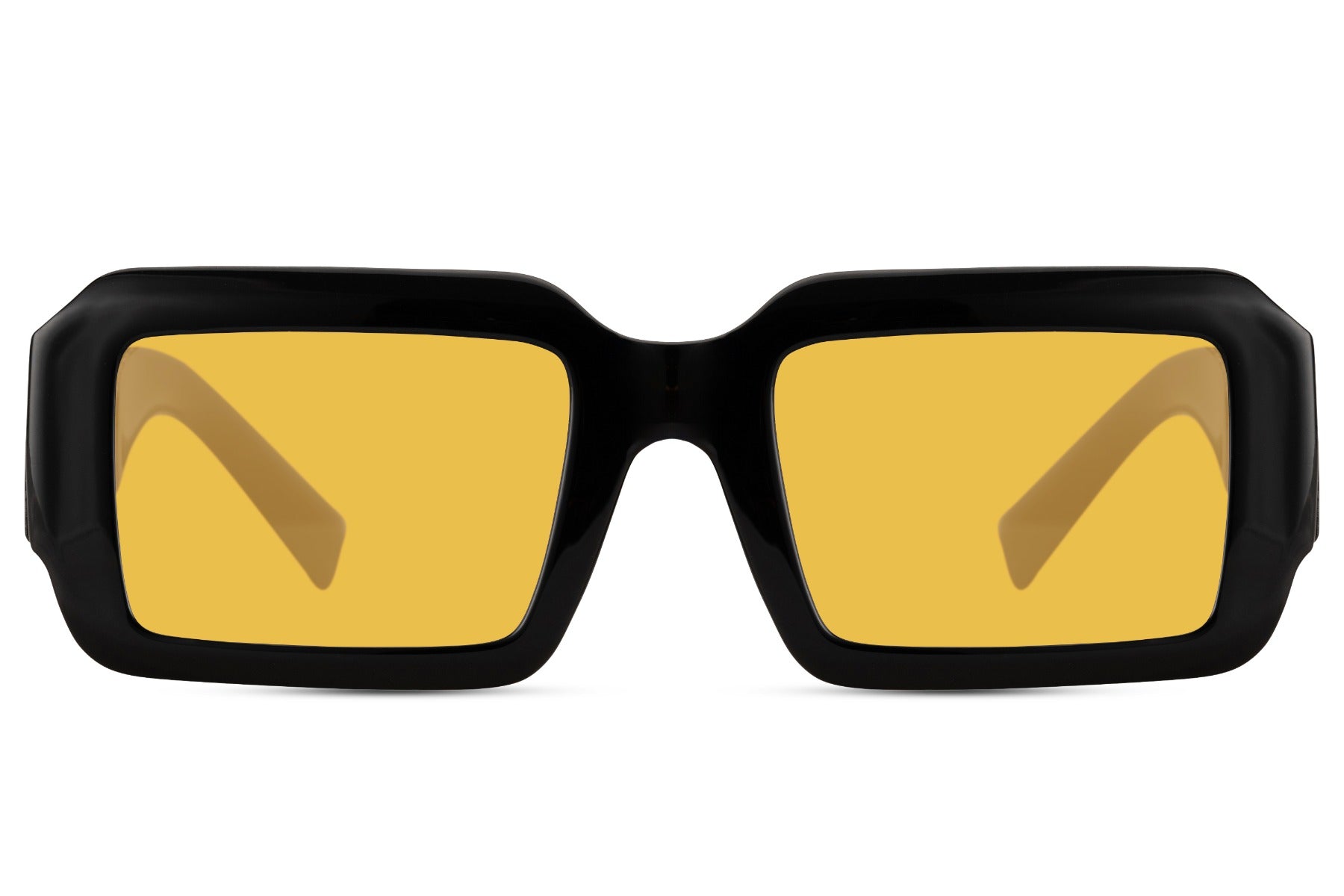 Bold rectangle sunglasses with yellow lenses by Sunglass Station, women’s stylish eyewear combining a classic frame with a modern edge