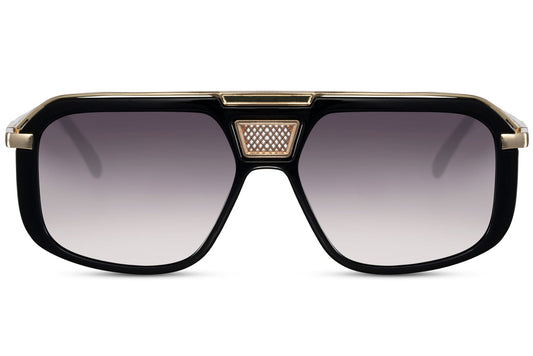 Bold rectangular aviator sunglasses with black frame and gradient lenses, combining modern geometric design with a statement look
