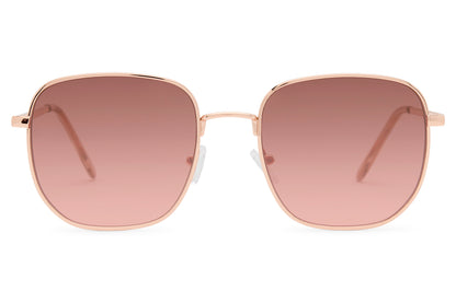 Women’s bold square metal sunglasses with rose pink lenses and oversized lightweight fashion frame
