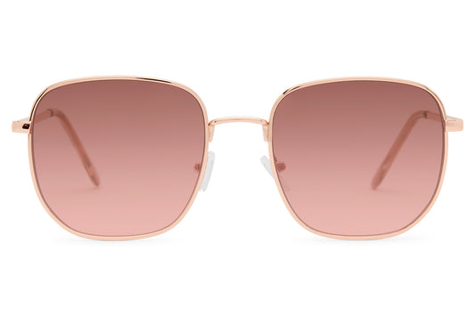 Women’s bold square metal sunglasses with rose pink lenses and oversized lightweight fashion frame