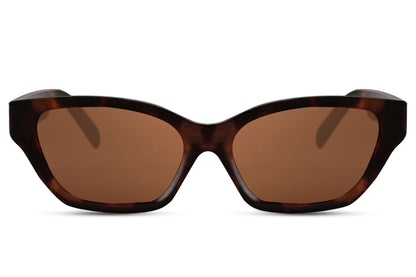 Modern cat eye sunglasses with warm brown frame and tinted lenses, combining understated design with eco-conscious materials