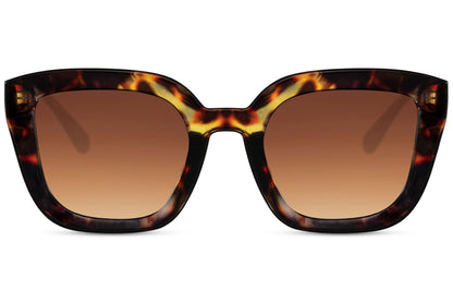 Brown geometric cat eye sunglasses with bold frame shape and tinted lenses for everyday wear