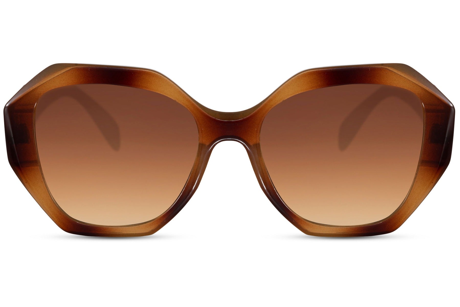 Oversized hexagon sunglasses with brown lenses and geometric frame, offering a stylish blend of classic tones and modern design