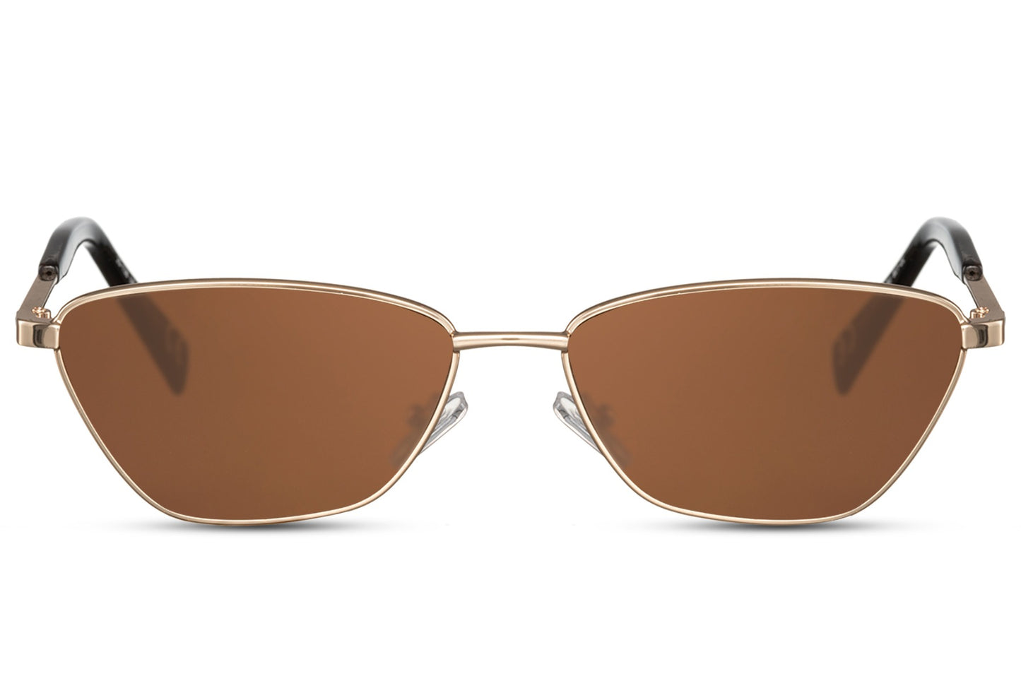Cat eye sunglasses with brown tinted lenses and lightweight metal frame