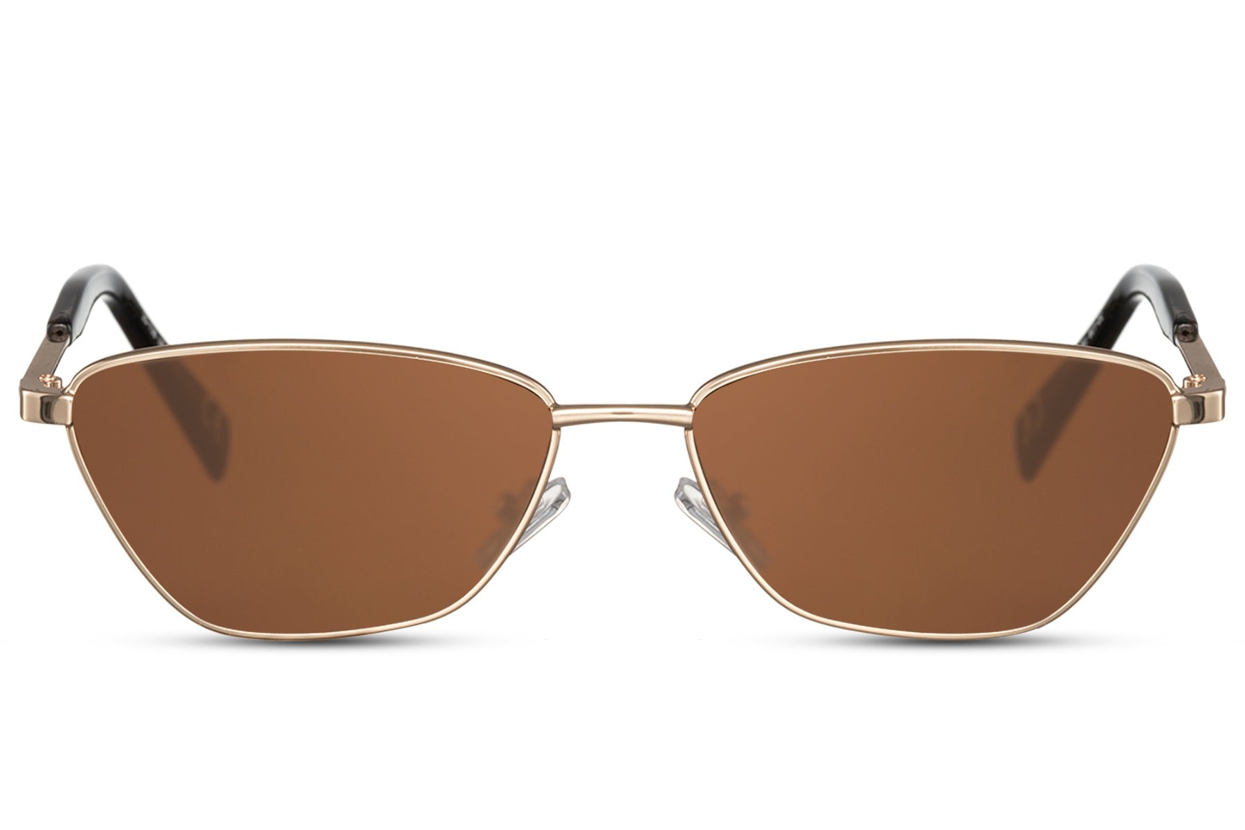 Cat eye sunglasses with brown tinted lenses and lightweight metal frame