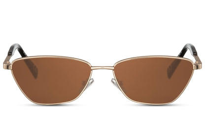 Cat eye sunglasses with brown tinted lenses and lightweight metal frame