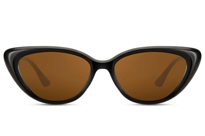Cat eye sunglasses with brown tinted lenses and sleek lightweight frame