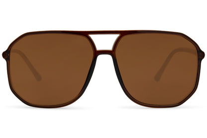 Brown lens geometric aviator sunglasses combining classic tones with a modern retro-inspired frame