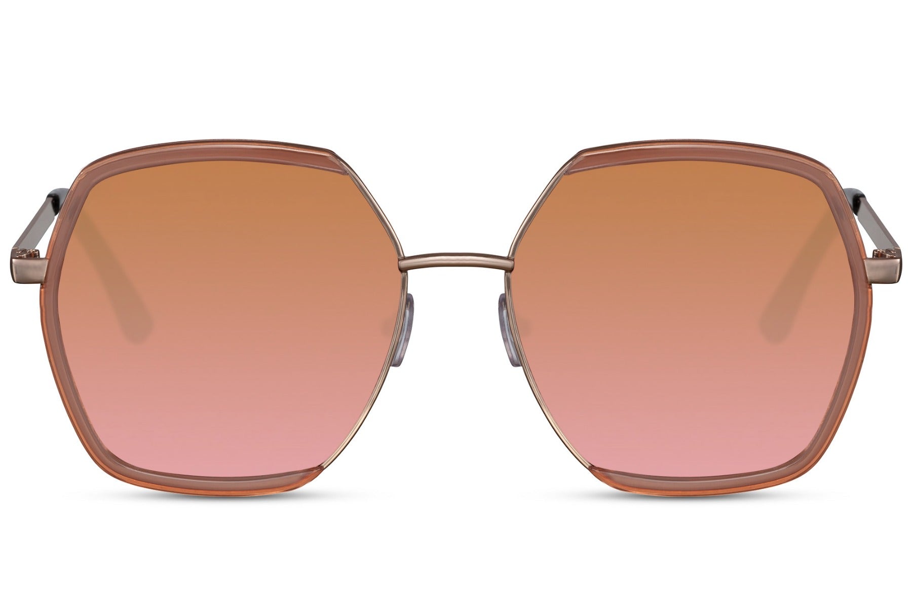Brown oversized sunglasses with metal frame and tinted lenses, stylish women sunglasses for warm tone outfits, summer fashion, travel and everyday wear