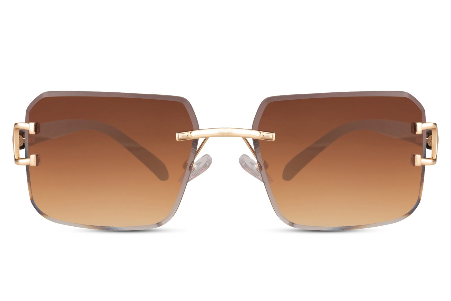 Modern rimless square sunglasses for men with brown tinted lenses and lightweight metal frame design