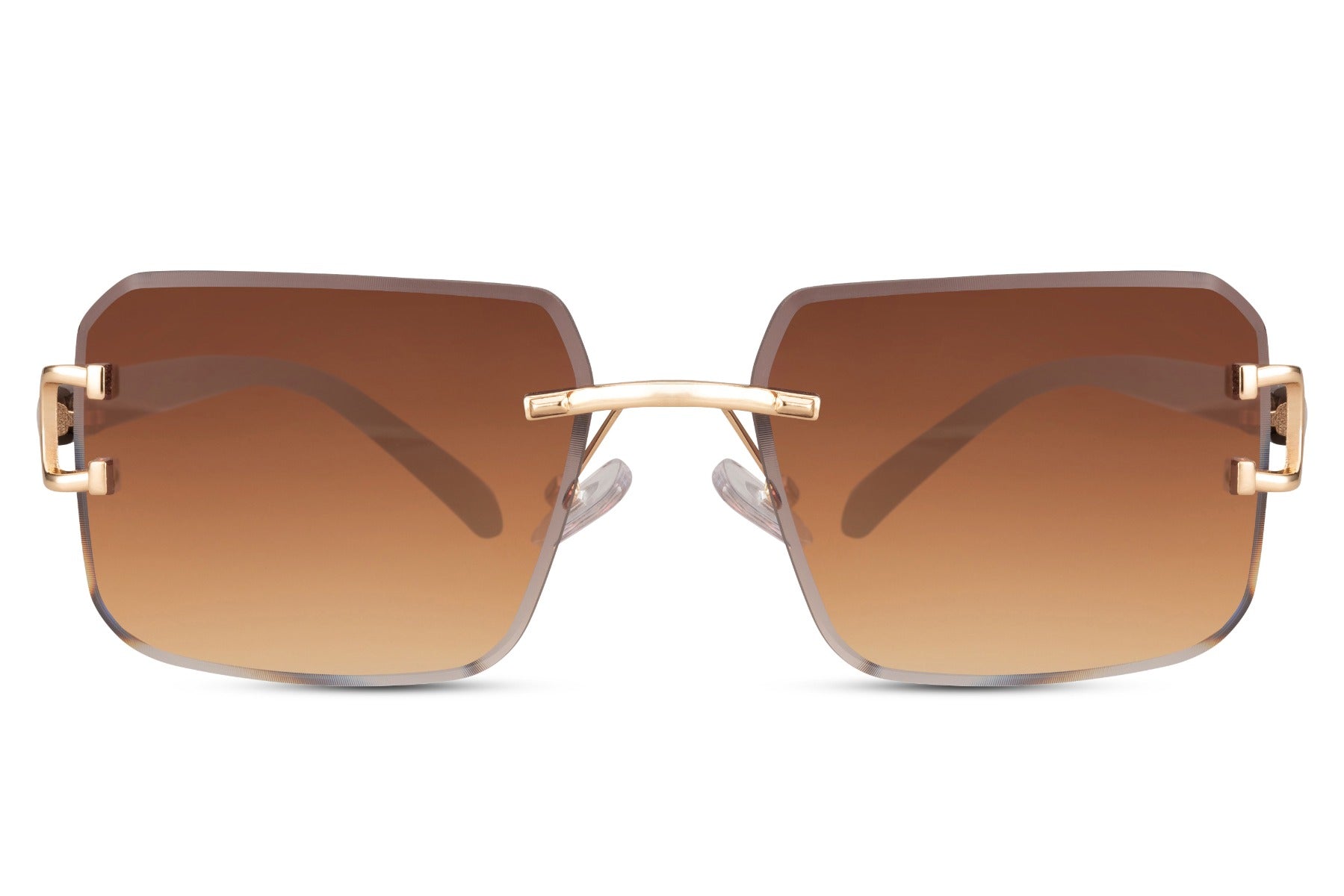 Modern rimless square sunglasses for men with brown tinted lenses and lightweight metal frame design