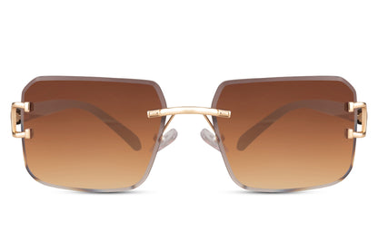 Modern rimless square sunglasses for men with brown tinted lenses and lightweight metal frame design