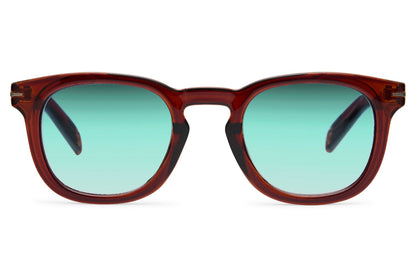 Burgundy square sunglasses with green lenses and eco friendly recycled frame for modern men’s fashion