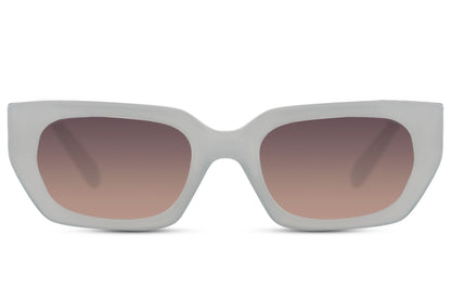 Rectangle cat eye sunglasses with white frame and grey lenses by Sunglass Station, lightweight eco-friendly eyewear for everyday wear