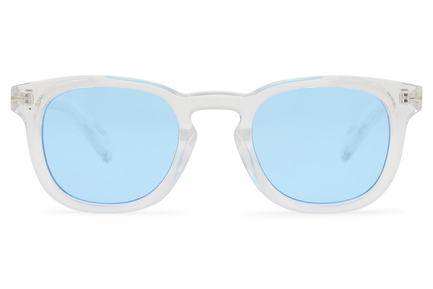 Men’s clear frame square sunglasses with blue tinted lenses and modern recycled eyewear design