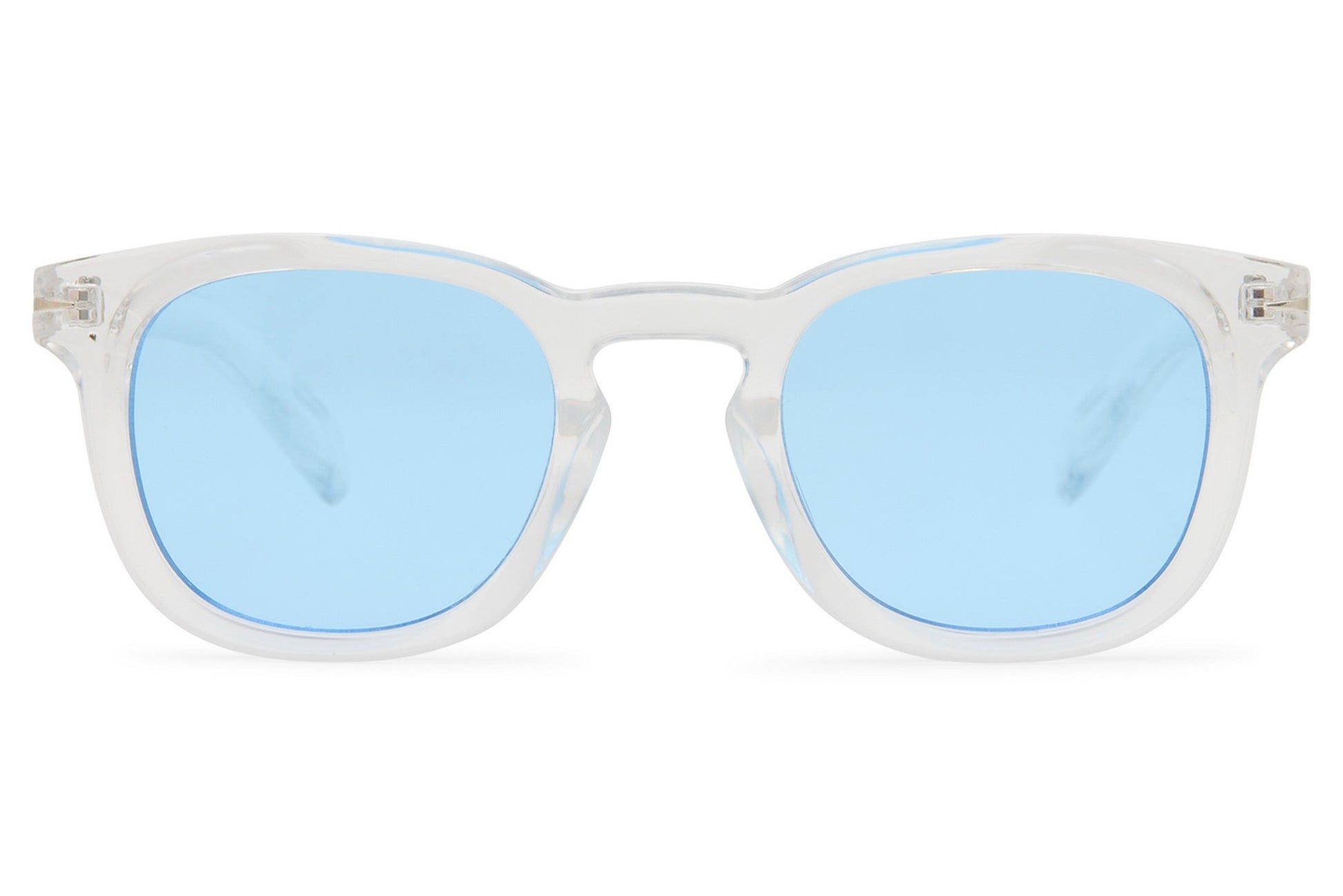 Men’s clear frame square sunglasses with blue tinted lenses and modern recycled eyewear design