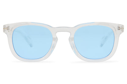 Men’s clear frame square sunglasses with blue tinted lenses and modern recycled eyewear design