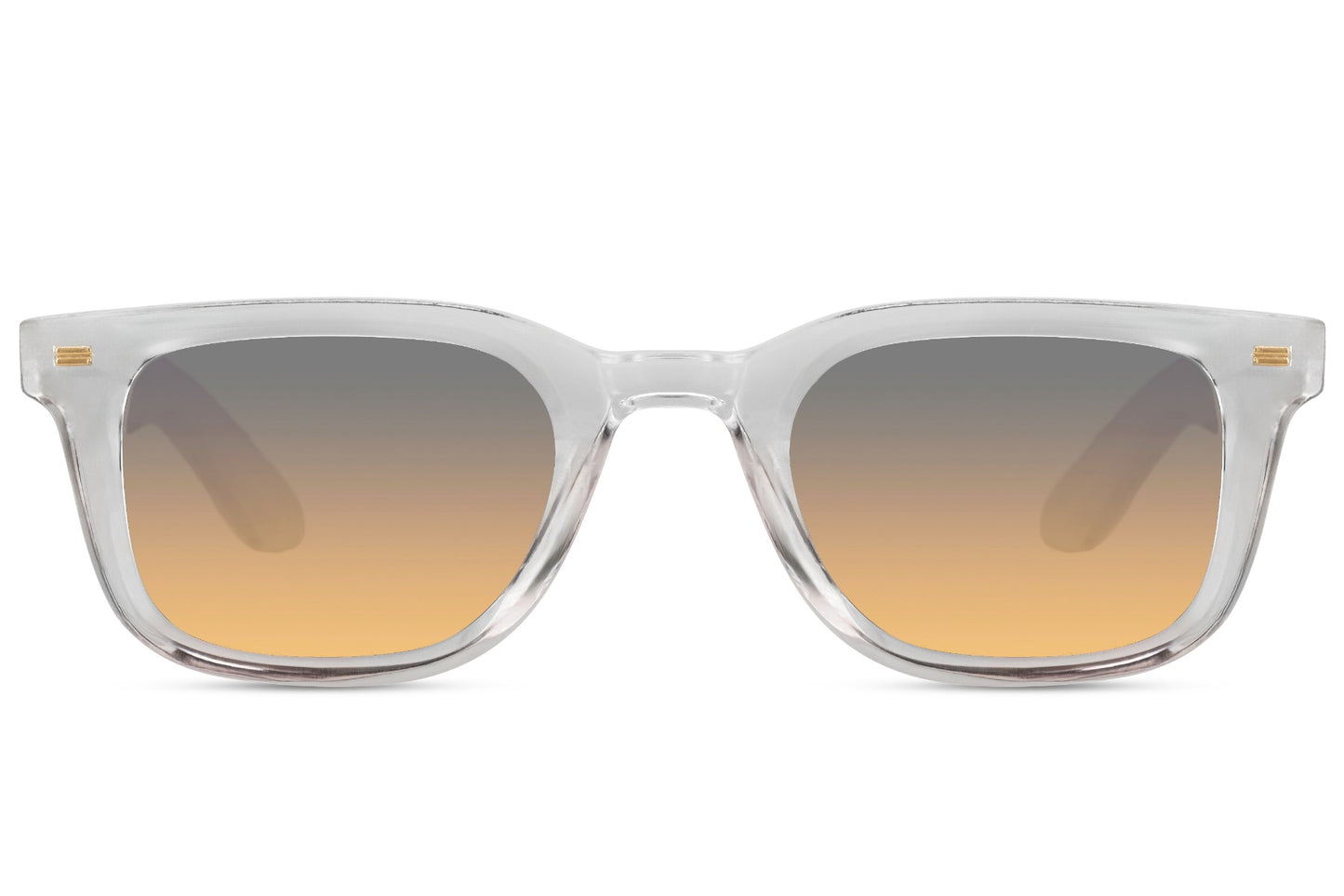 Clear frame square sunglasses with gradient brown lenses for minimalist streetwear and travel styling