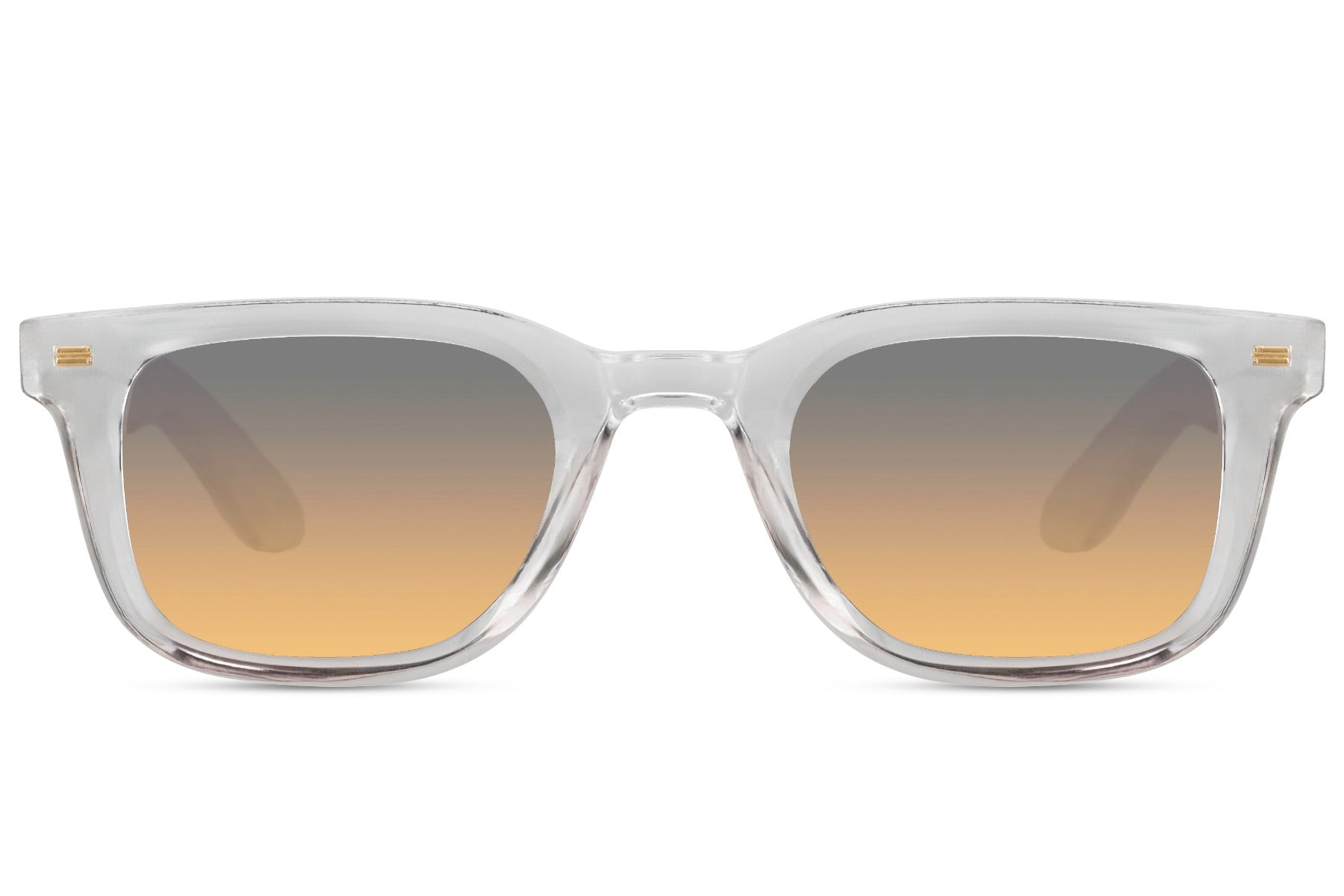 Clear frame square sunglasses with gradient brown lenses for minimalist streetwear and travel styling