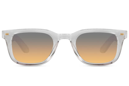 Clear frame square sunglasses with gradient brown lenses for minimalist streetwear and travel styling